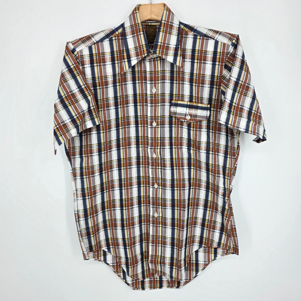 Vintage Jandy Place Bardon Inc Plaid Short Sleeve Shirt Brown Navy Yellow Mens M